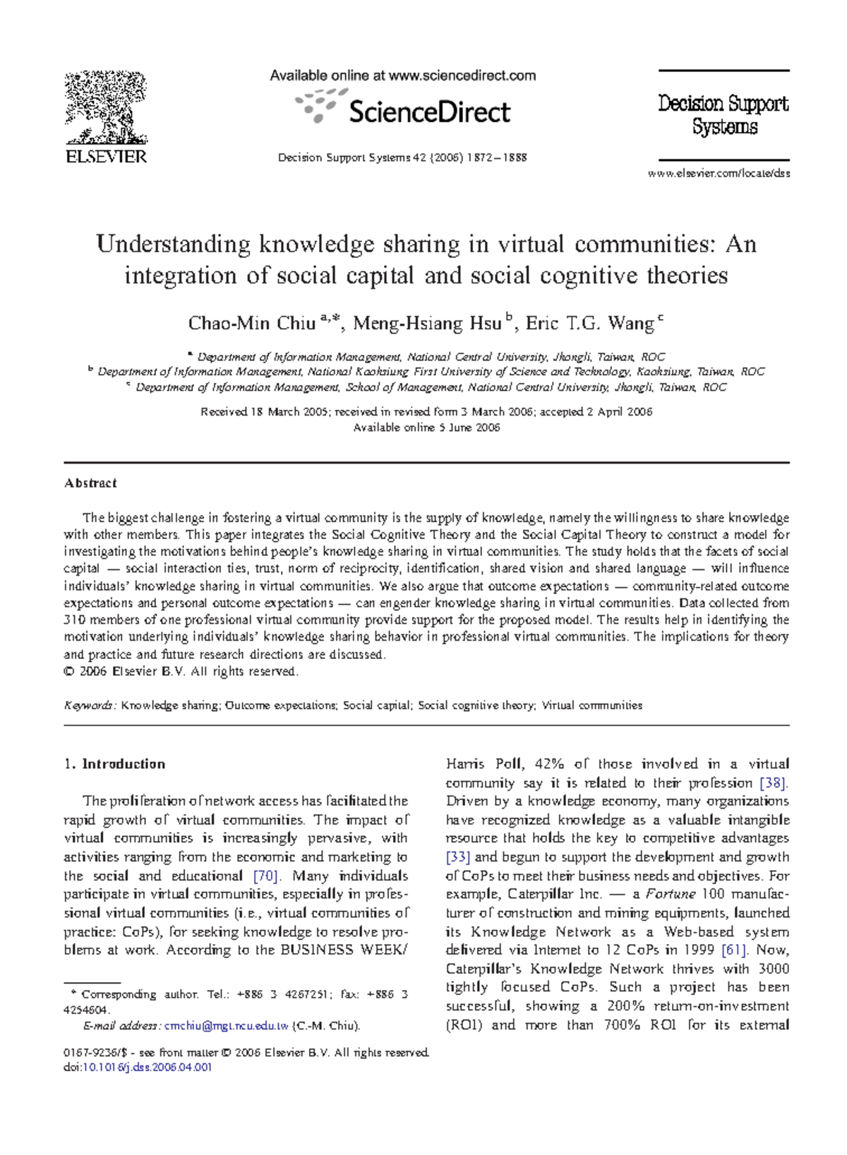 Doi 10.1016 j.dss.2006 - Understanding knowledge sharing in virtual ...