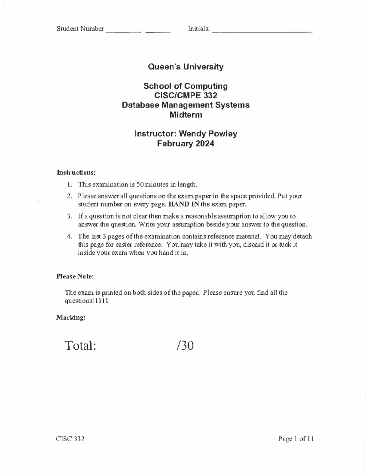 CISC/CMPE 332 Midterm Exam Solutions for Database Management Systems ...