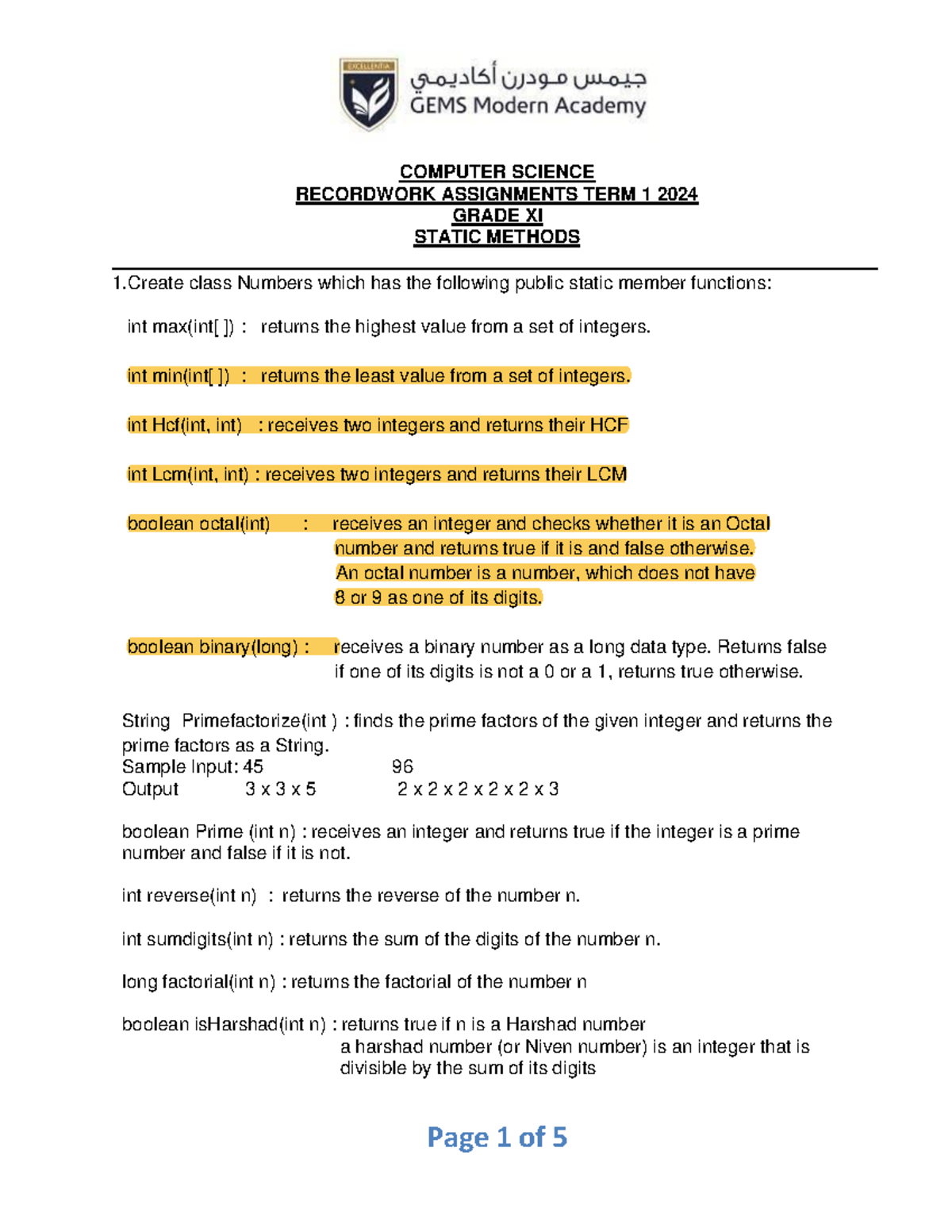 Record of Static Methods for Computer Science Term 1 2024 - Studocu