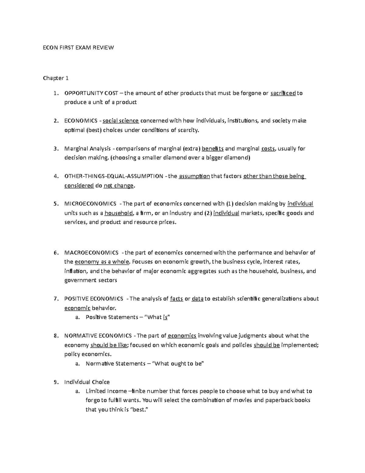 ECON 101 Exam 1 Study Guide: Key Concepts and Definitions - Studocu