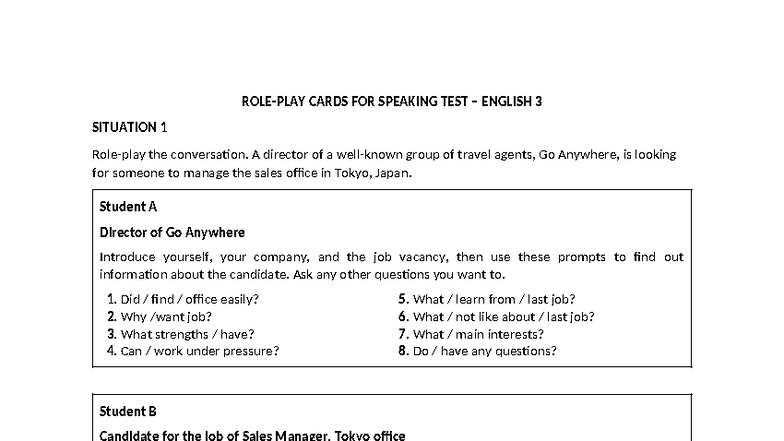 Role-Play Cards for Speaking Test - TA3 Situations 1 & 2 - Studocu