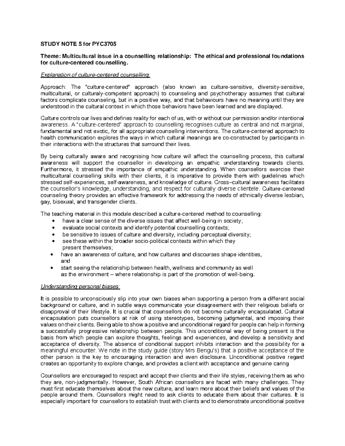 PYC3705 Study Note 5: Multicultural Issues in Counselling Relationships ...