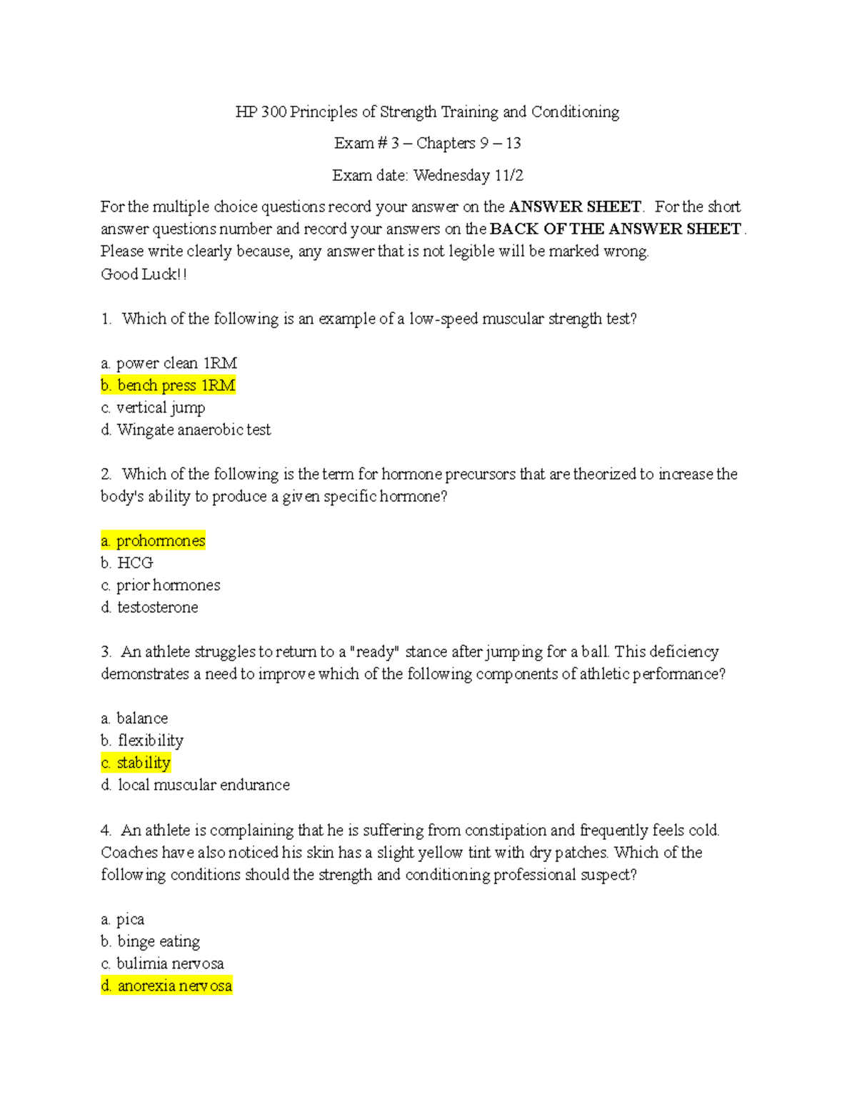 HP 300 Exam #3 Study Guide: Strength Training & Conditioning (Ch. 9-13 ...