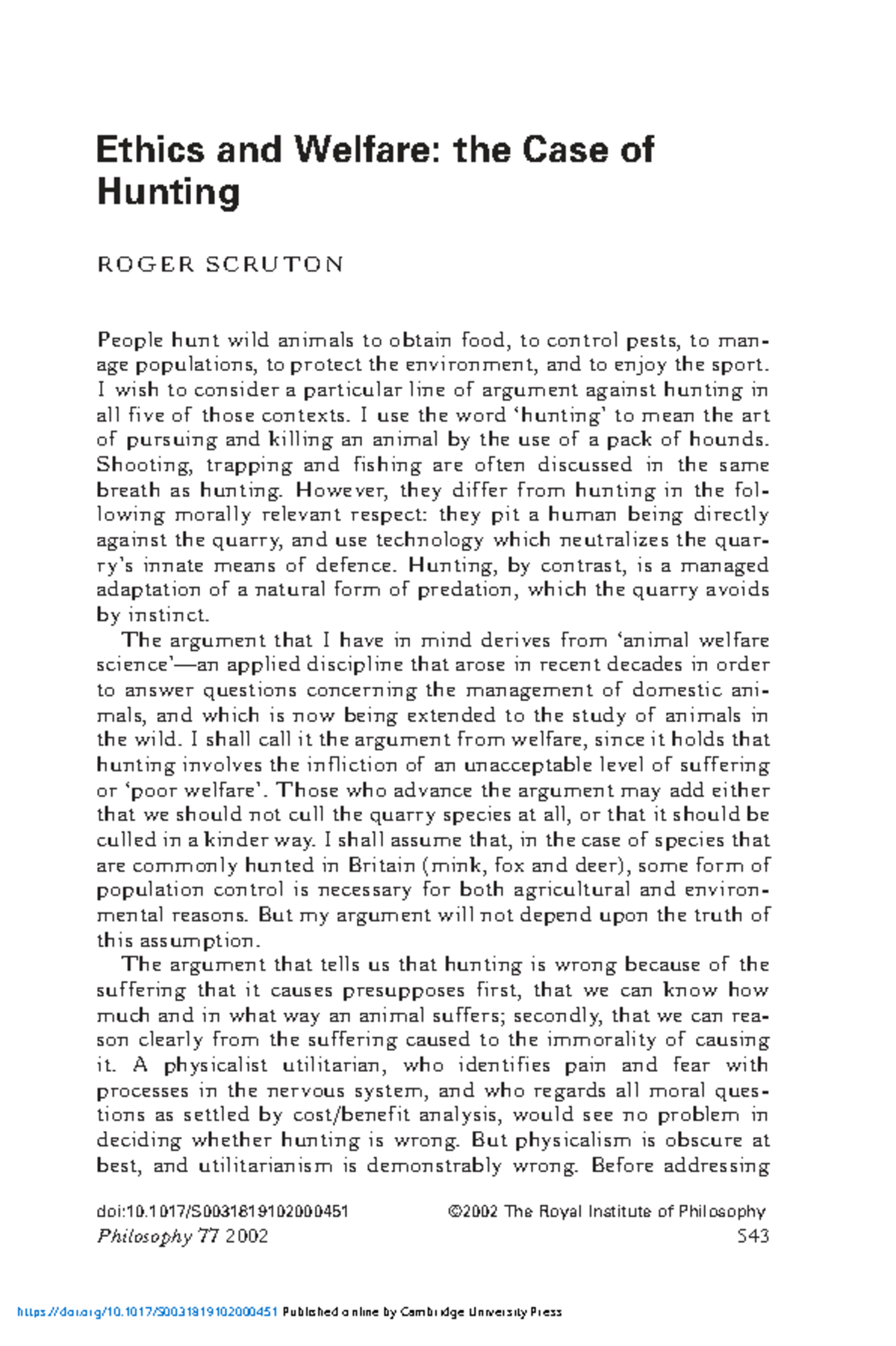 Ethics and Welfare in Hunting: Analyzing Roger Scruton's Argument - Studocu