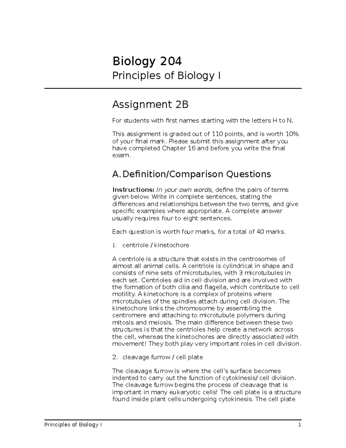 BIOL204 Principles of Biology I - Assignment 2B Overview - Studocu