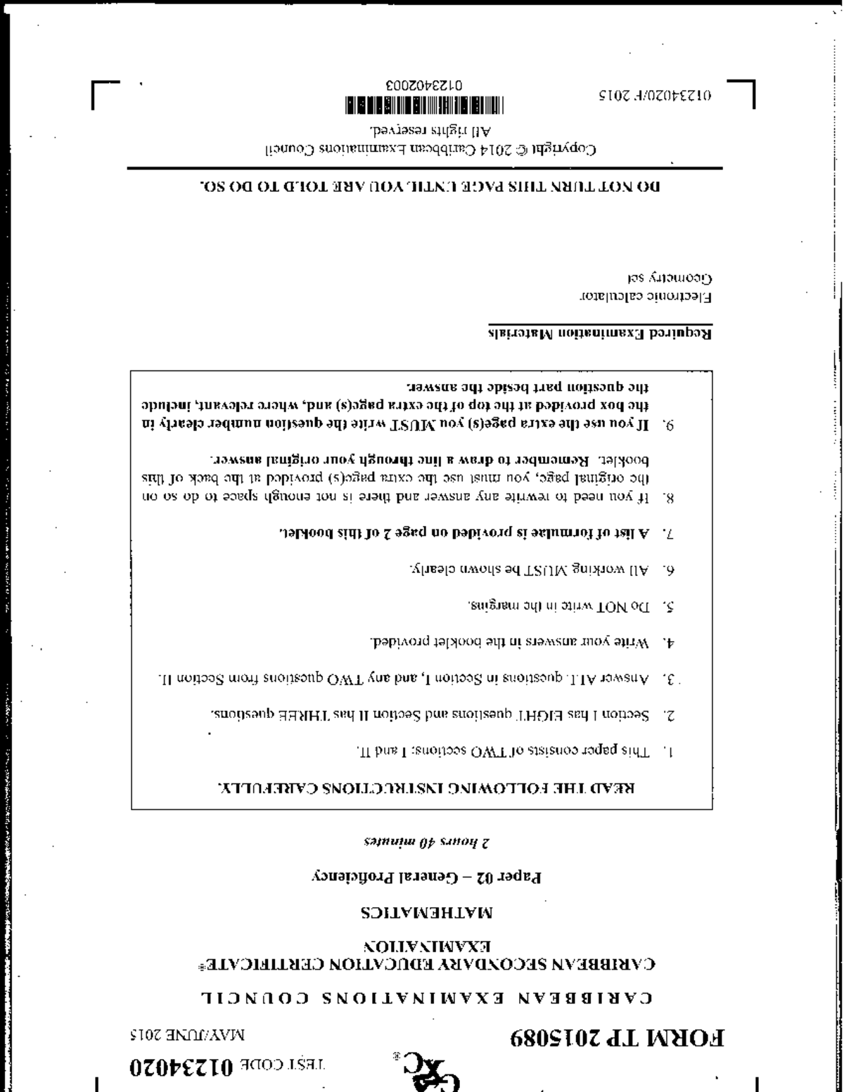 CSEC MATHEMATICS Past Paper 2015 - Test Code 01234020 - Studocu