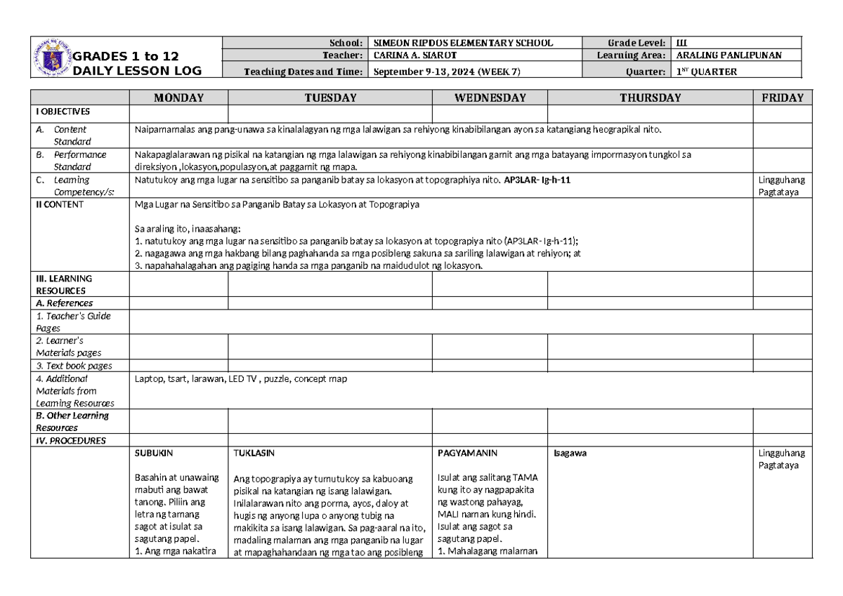 DLL Araling Panlipunan 3 Q1 W7 - GRADES 1 to 12 DAILY LESSON LOG School ...