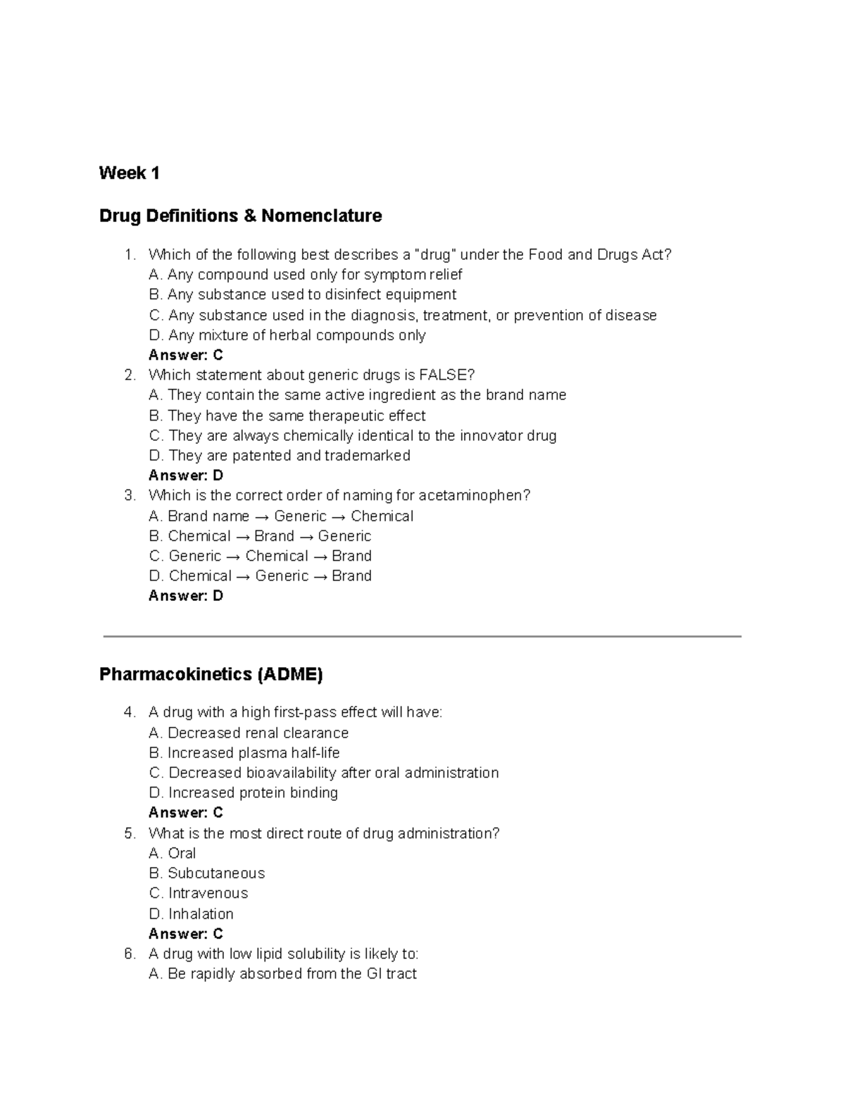 Pharmacology 101: Week 1 & 2 Drug Definitions and Key Concepts - Studocu