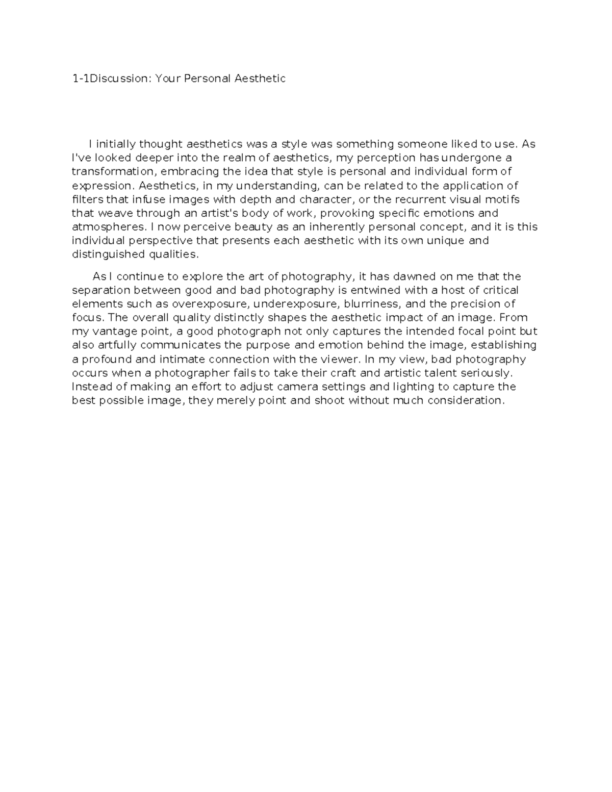 FAS 375 1-1 Discussion: Understanding Personal Aesthetic Perspectives ...