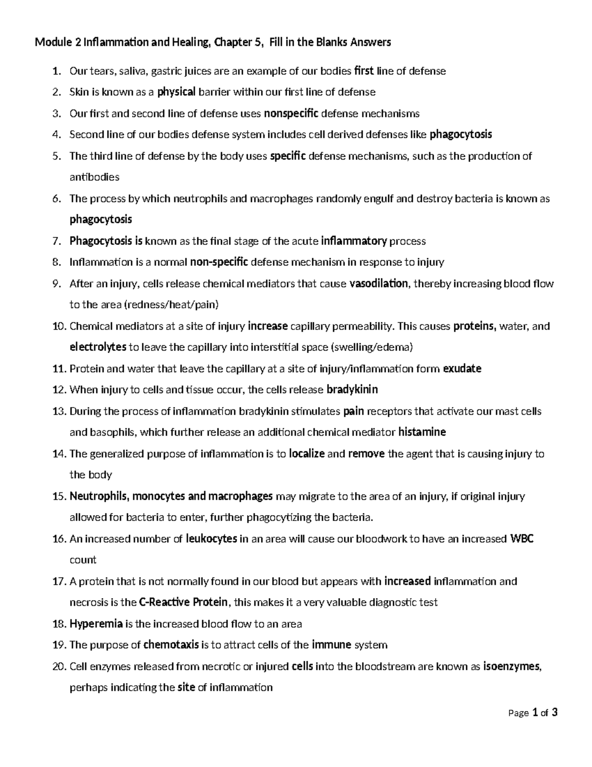 Module 2: Chapter 5 Inflammation & Healing Fill-in-the-Blanks Answers ...