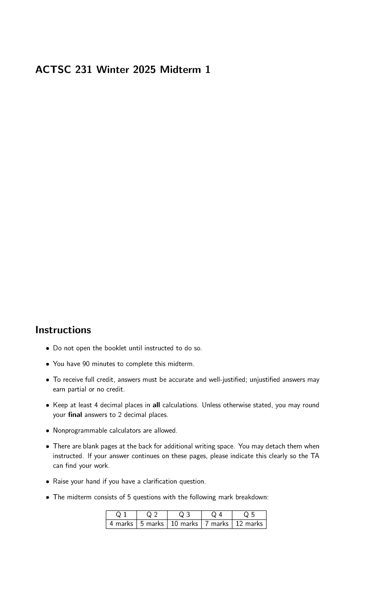 ACTSC 231 Winter 2025 Midterm 1 Solutions and Instructions - Studocu