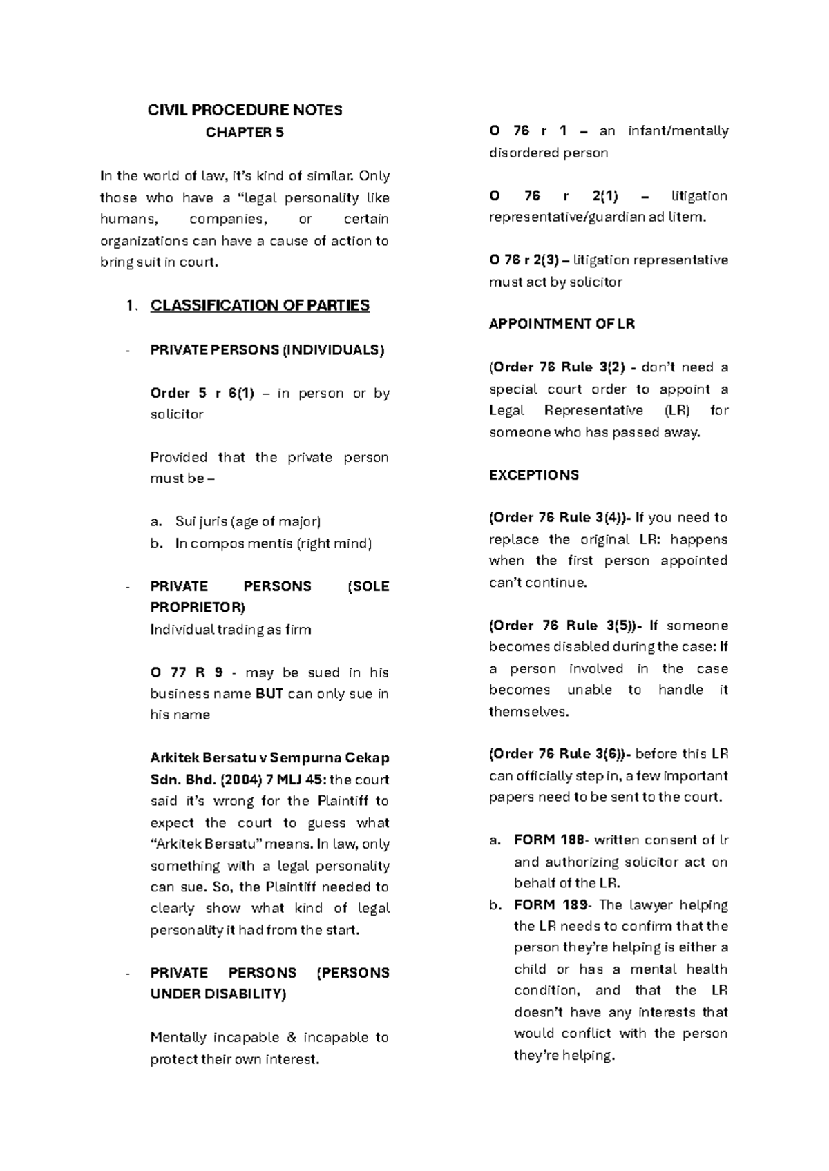 CIVIL PROCEDURE NOTES O 76 r 1: CHAPTER 5 - Legal Personality & Parties ...