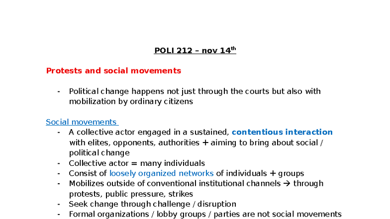 POLI 212 – Nov 14th Lecture Notes on Protests & Social Movements - Studocu