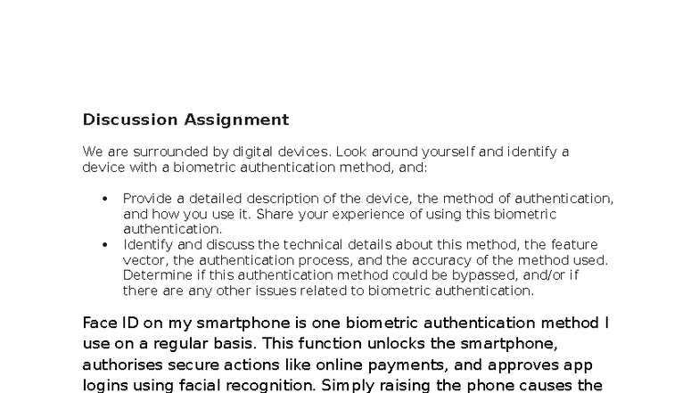 Discussion Assignment: Biometric Authentication in CS3340 - Studocu