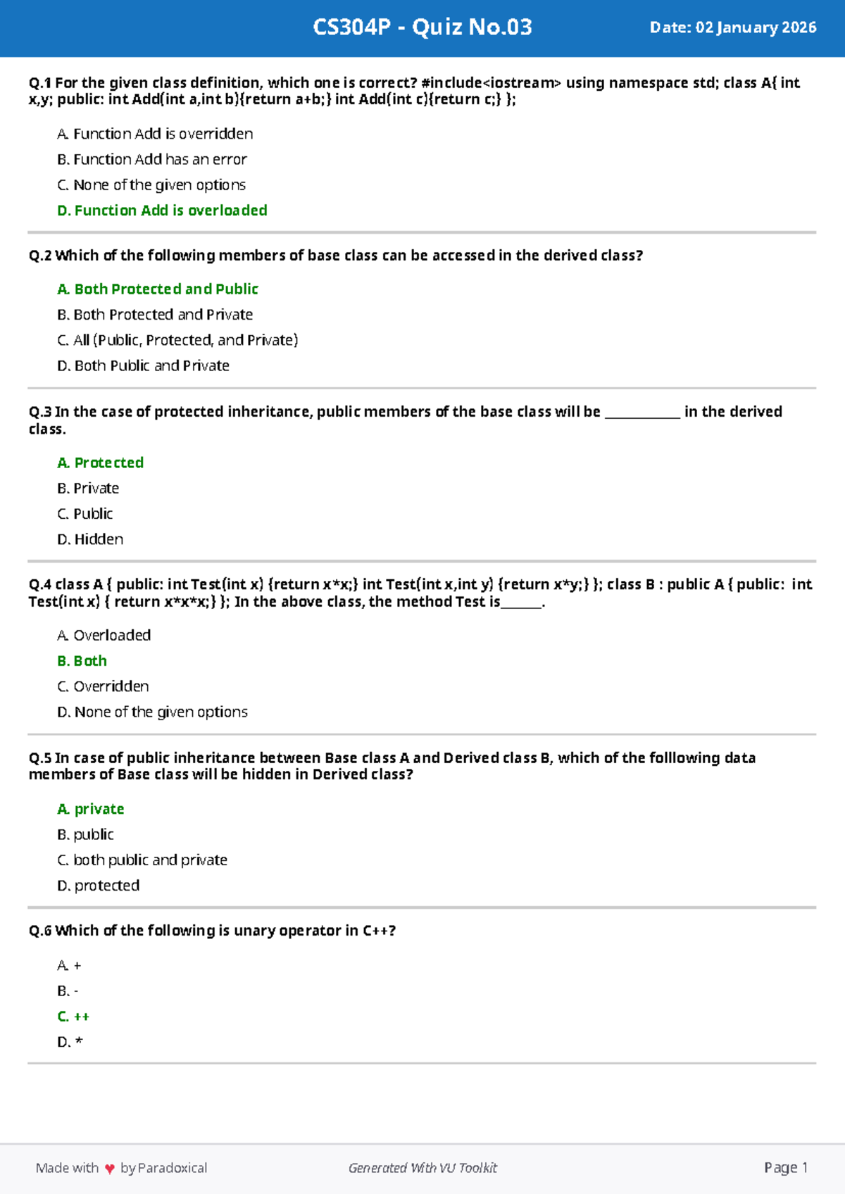 Quiz CS304P No.03 - Key Concepts in Inheritance and Overloading - Studocu