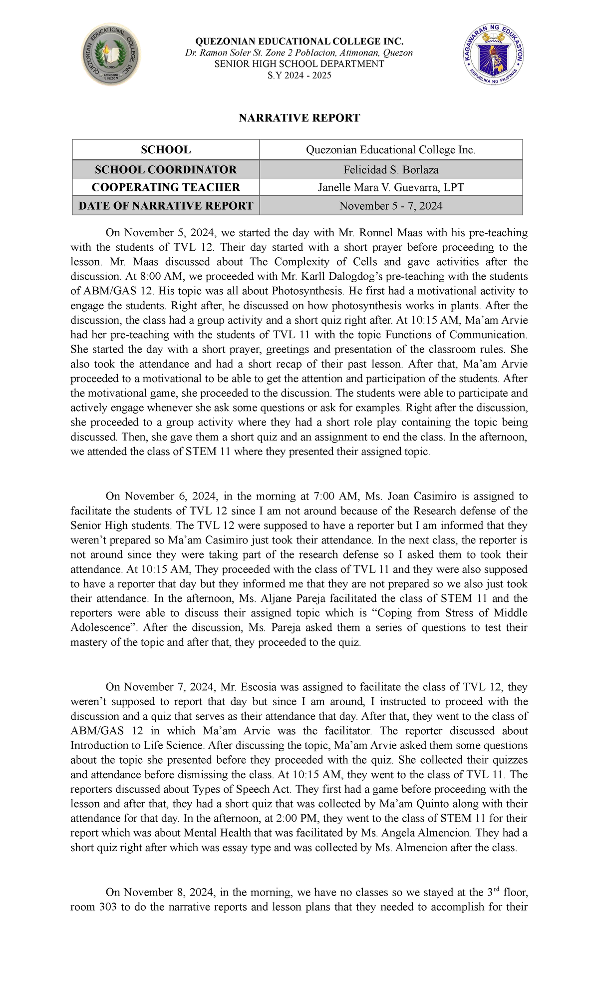 Narrative Report on Class Activities S 2024-2025: Nov 5-8, 2024 - Studocu
