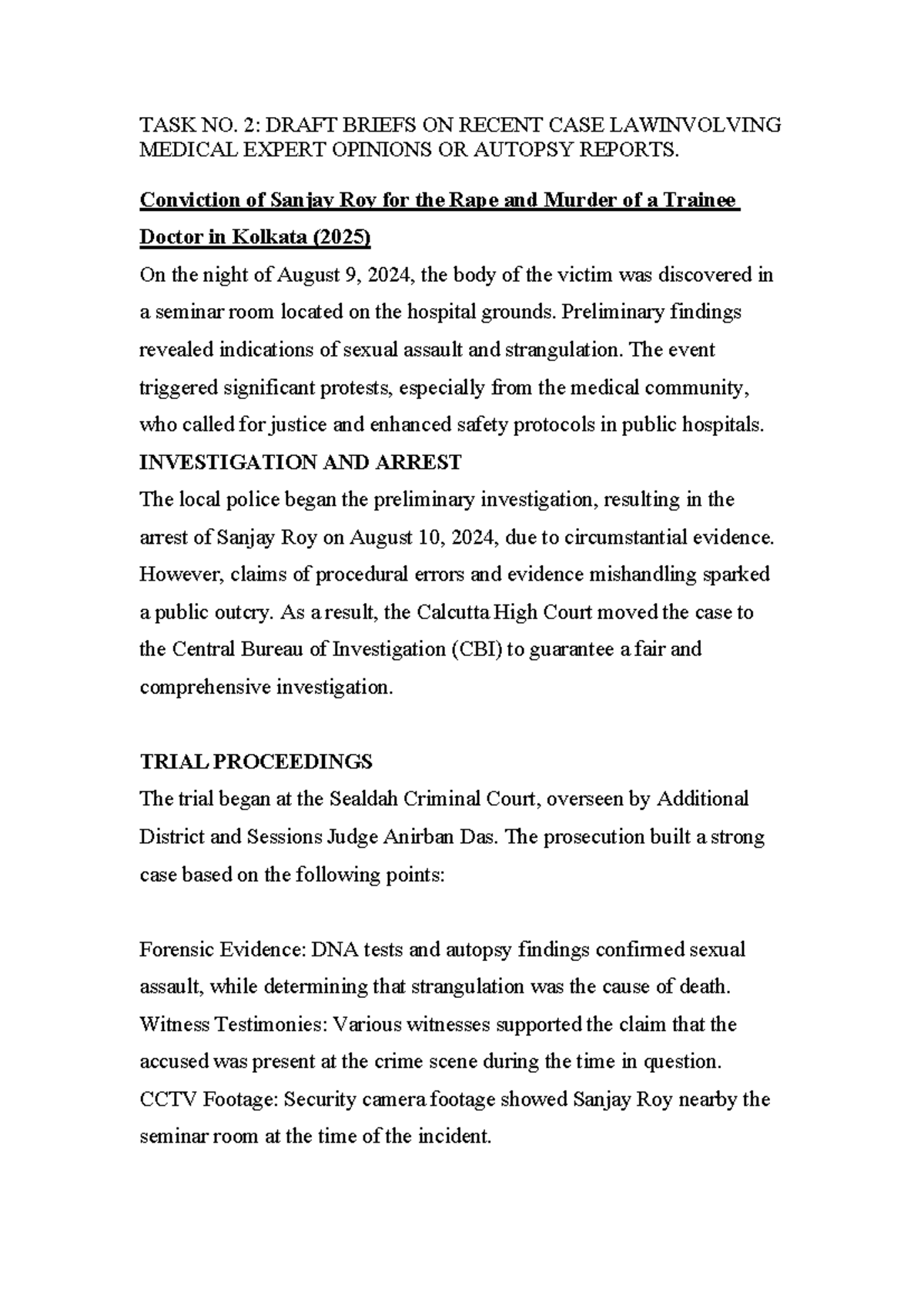 TASK 2: DRAFT BRIEFS ON MEDICAL EXPERT OPINIONS IN CASES OF MURDER ...