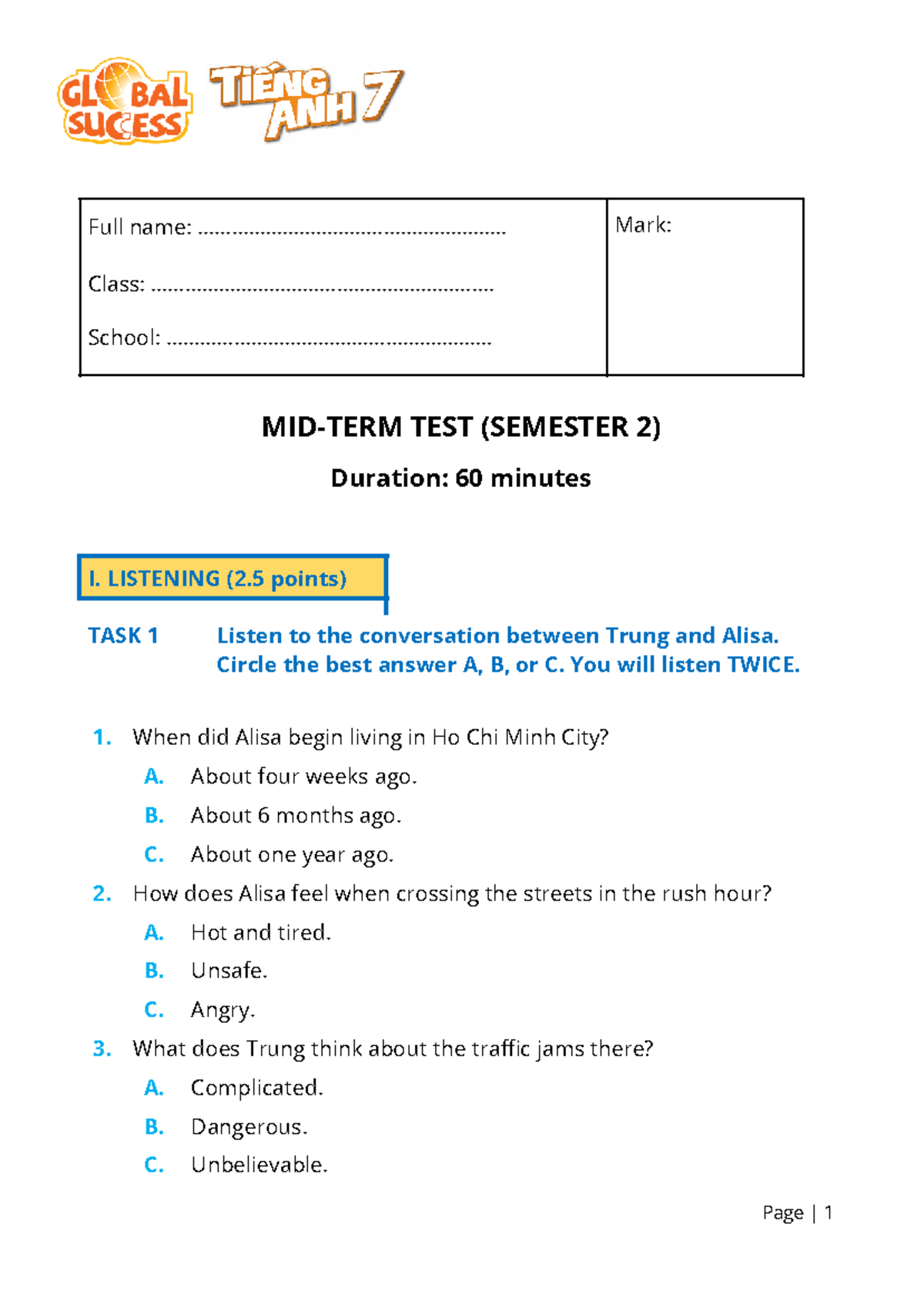 Mid-term test 2 (Semester 2) listening and reading comprehension - Studocu