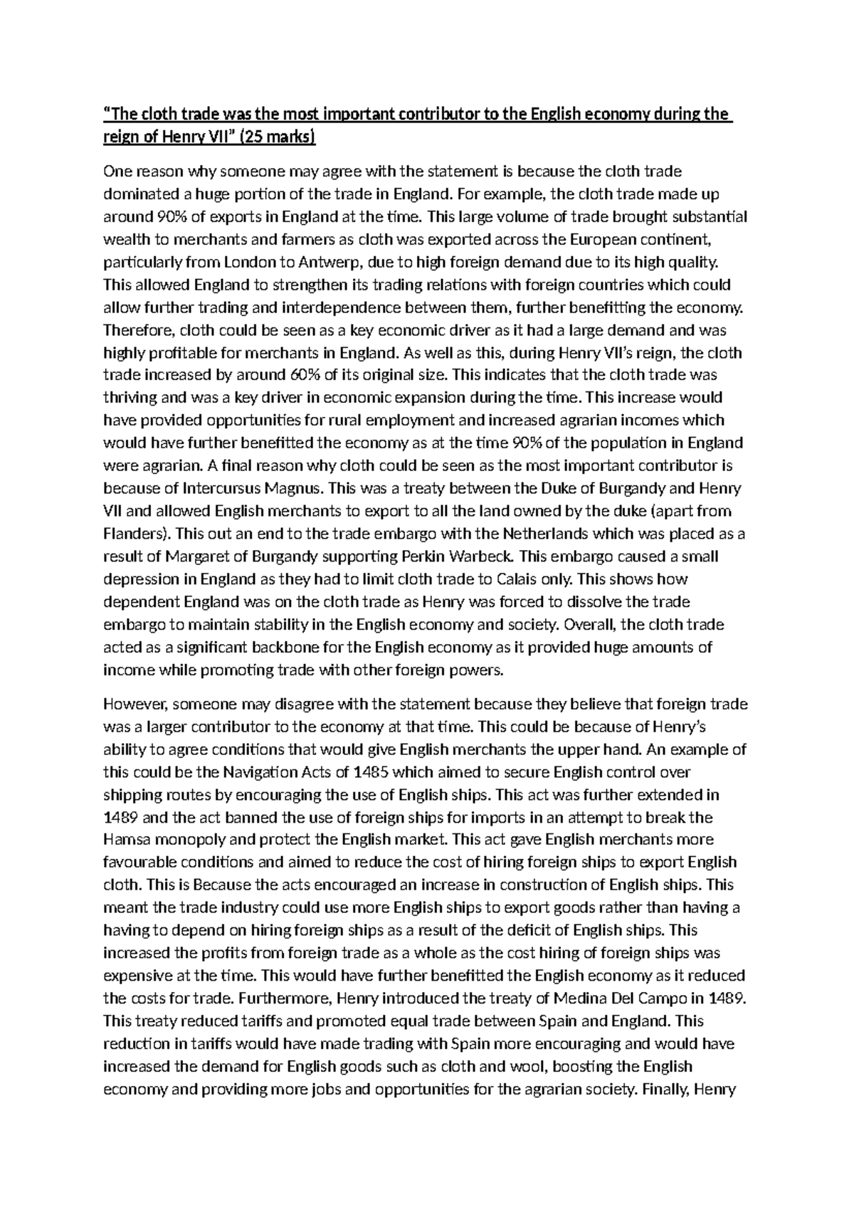 HIS101 Tudors Homework: 25 Mark Essay on Cloth Trade's Economy Impact ...