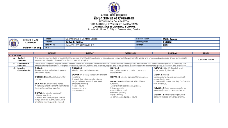 W2 Q1 English-2 DLL: Daily Lesson Log for Grade 2 - Studocu