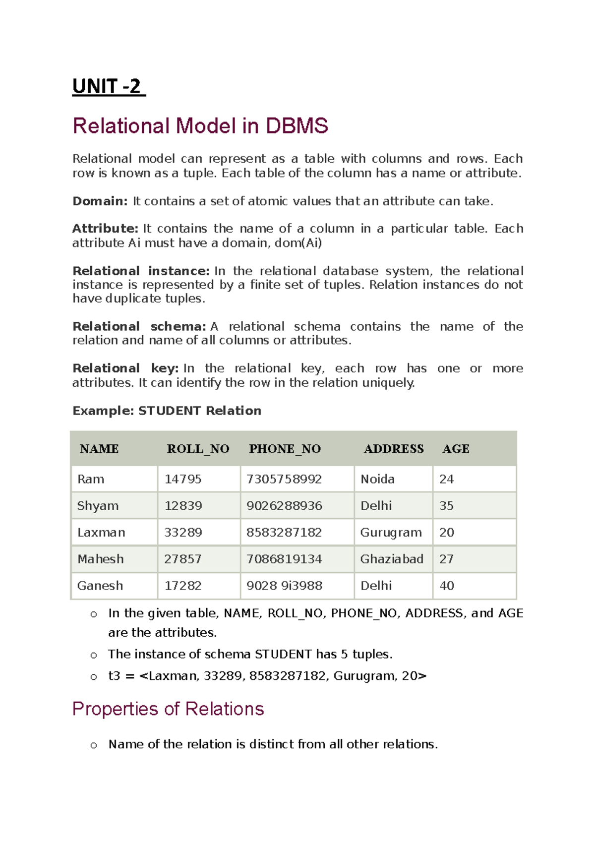 UNIT 2 DBMS - Notes of dbms - UNIT - Relational Model in DBMS ...