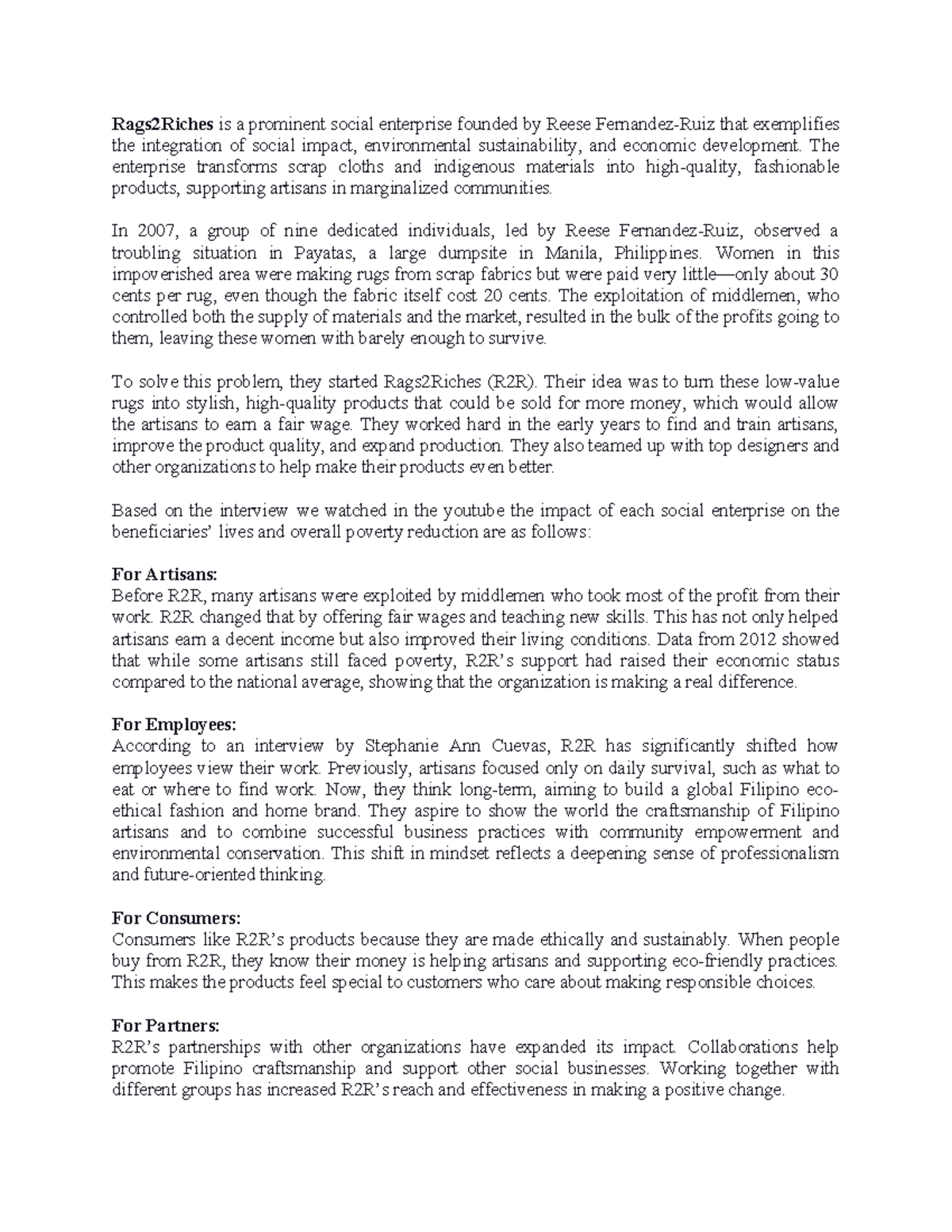 R2R Case Study: Transforming Lives Through Ethical Fashion - Studocu
