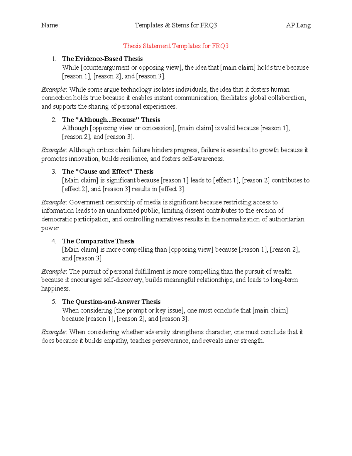 Thesis Statement Templates & Commentary Stems for FRQ3 AP Lang - Studocu