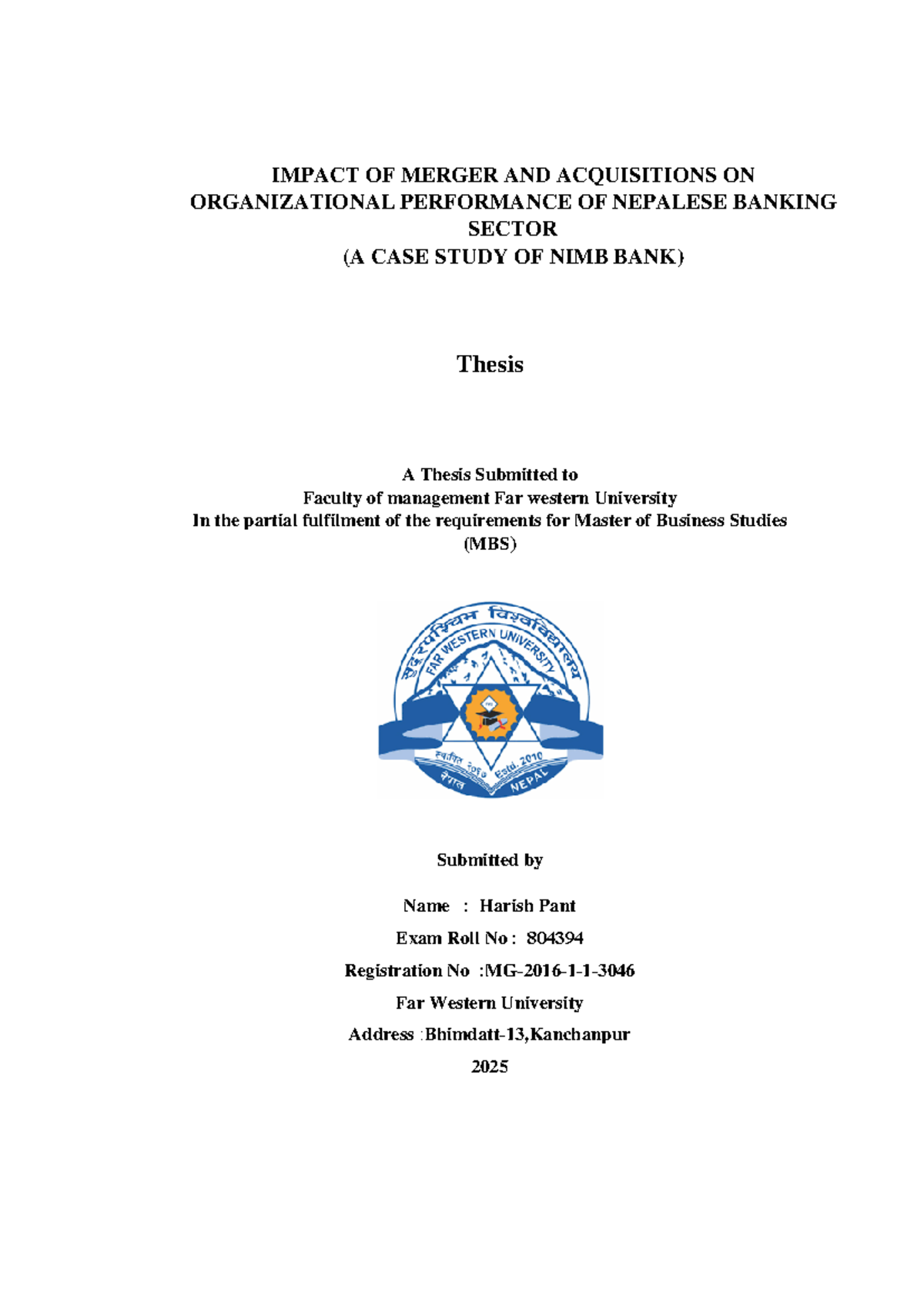 Thesis: Impact of Mergers & Acquisitions on NIMB Bank's Performance ...