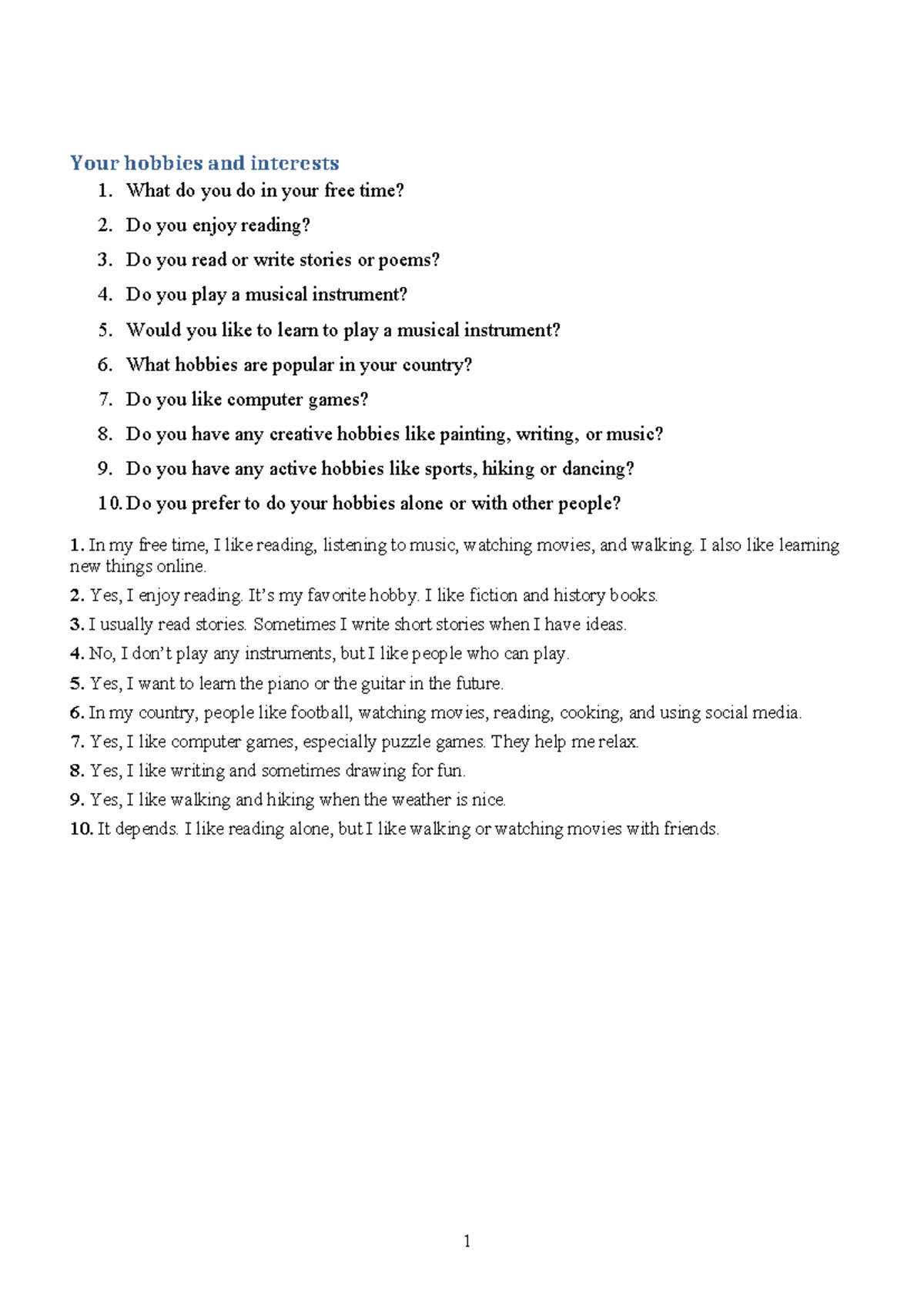 Speaking - PART 11: Hobbies, Interests, and Daily Routines - Studocu