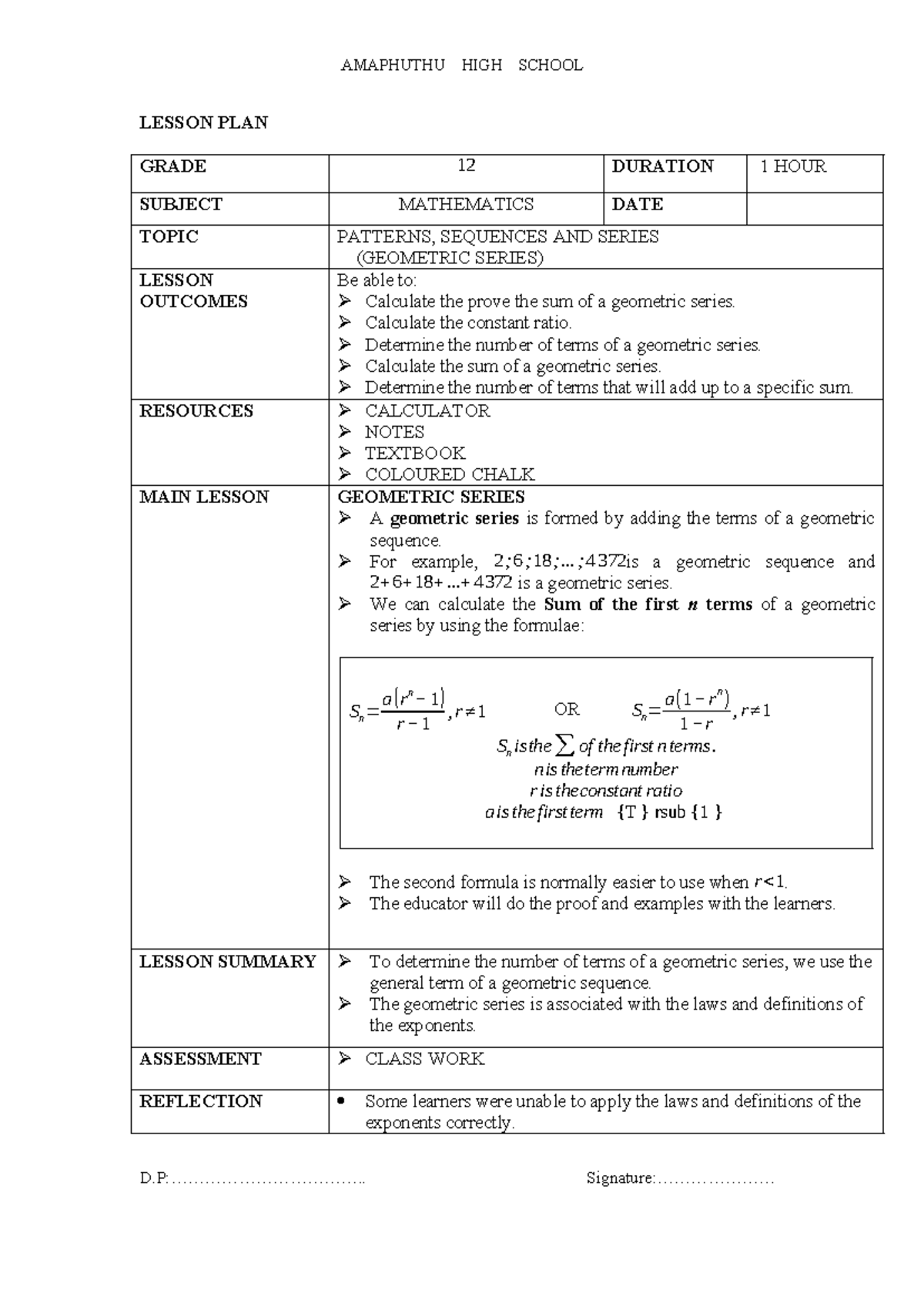 AMAPHUTHU HIGH SCHOOL GRADE 12 MATH LESSON PLAN: GEOMETRIC SERIES - Studocu