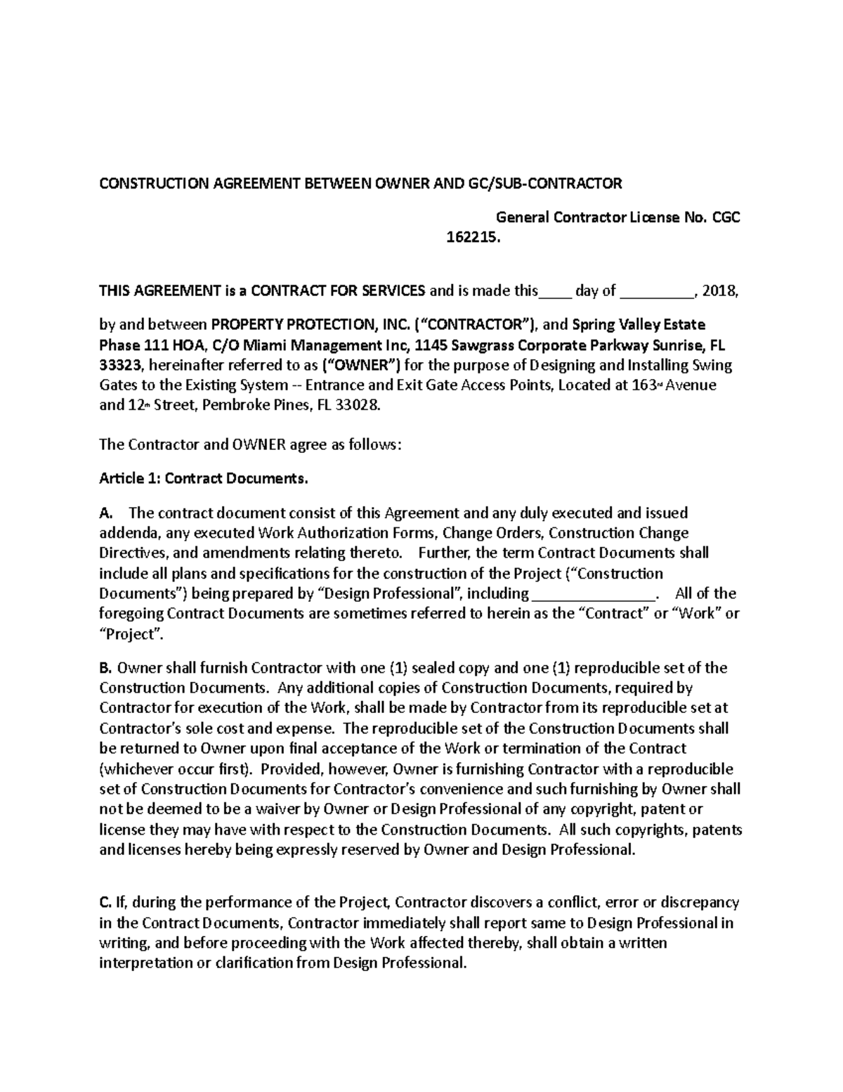 Construction Agreement (CGC 162215) Between Owner and Contractor ...