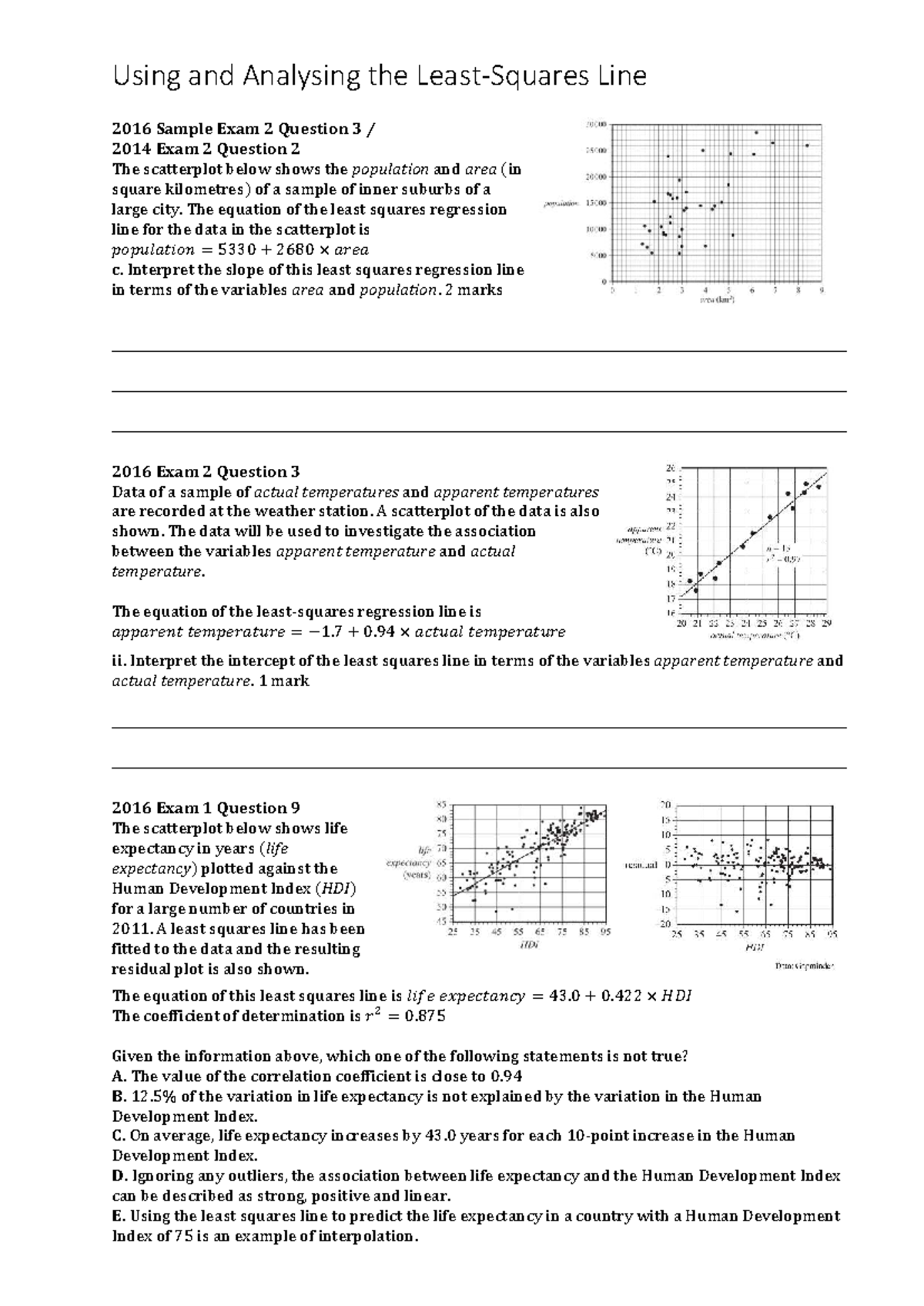 Using and Analysing the Least-Squares Line - 2016 Sample Exam 2 ...