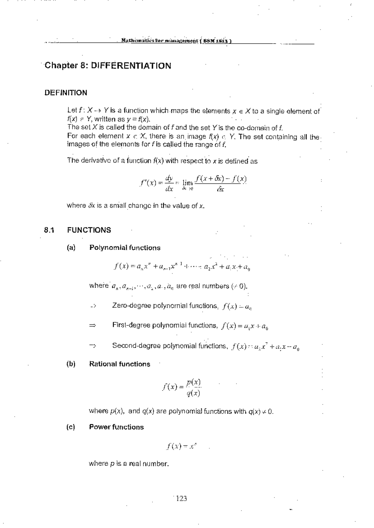 Mathematics for Management (BSM 1813) Chapter 8 & 9: Differentiation ...