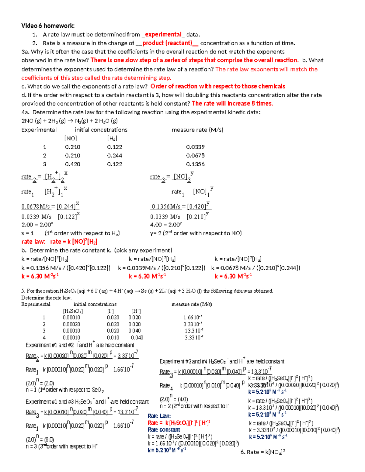 Video 6 Homework Answers: Rate Laws and Reaction Kinetics - Studocu