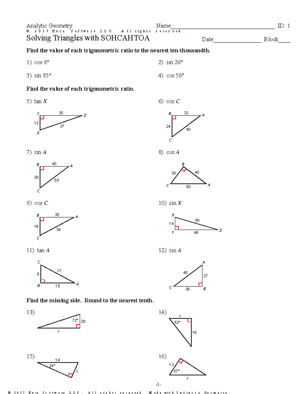 Solving Triangles: SOHCAHTOA Worksheet (Analytic Geometry) - Studocu