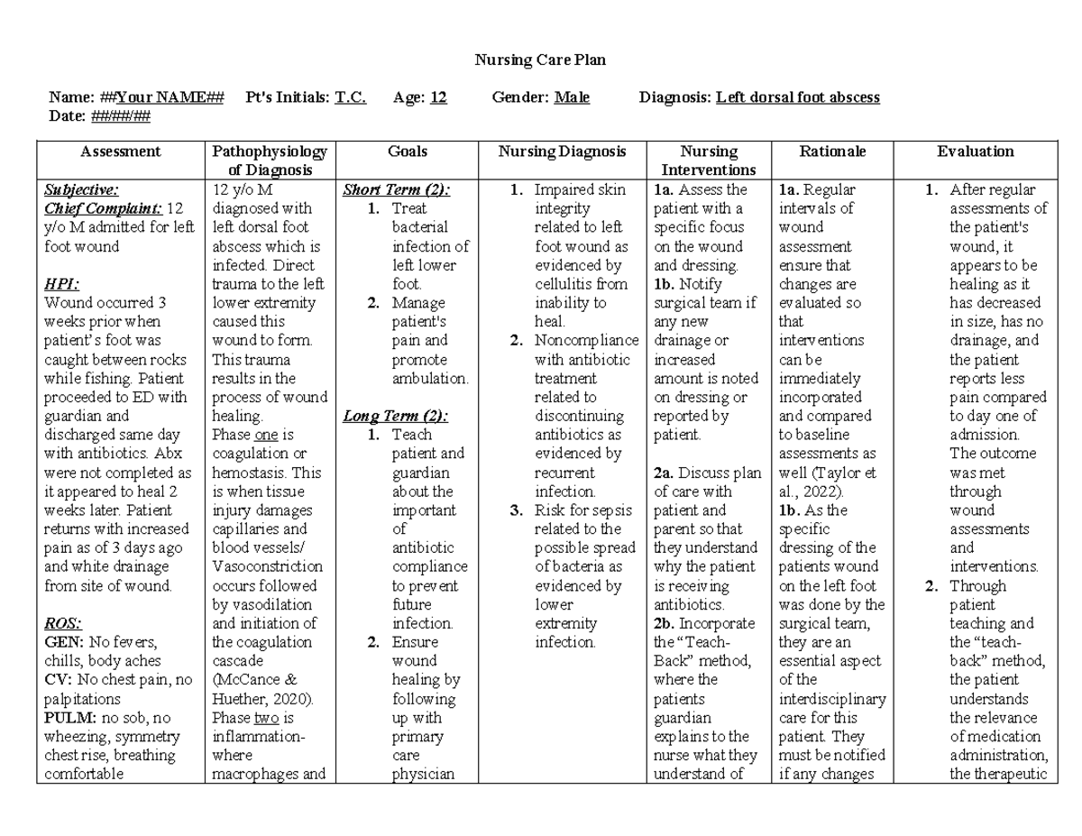 Nursing Care Plan Single Sheet- PEDS Sample - Name: ##Your NAME## Pt's ...