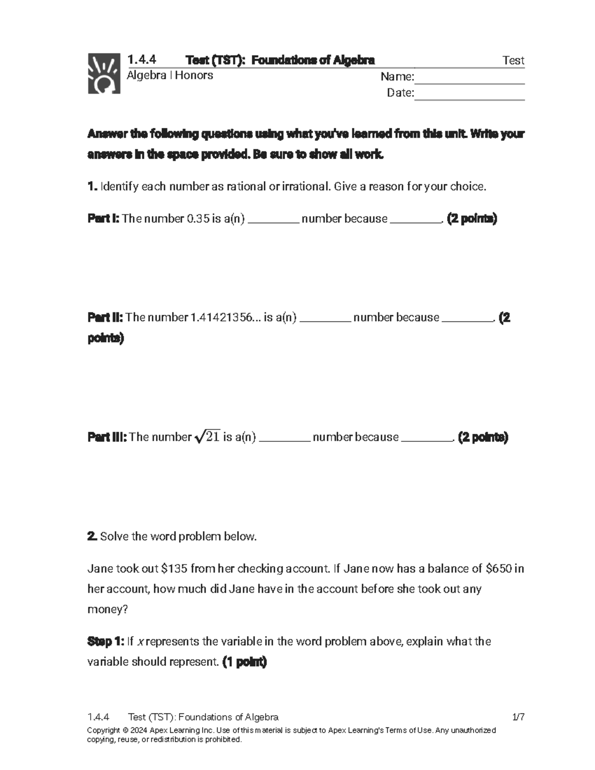 1.4.4 Test (TST) - Foundations of Algebra (Test) - Test (TST ...