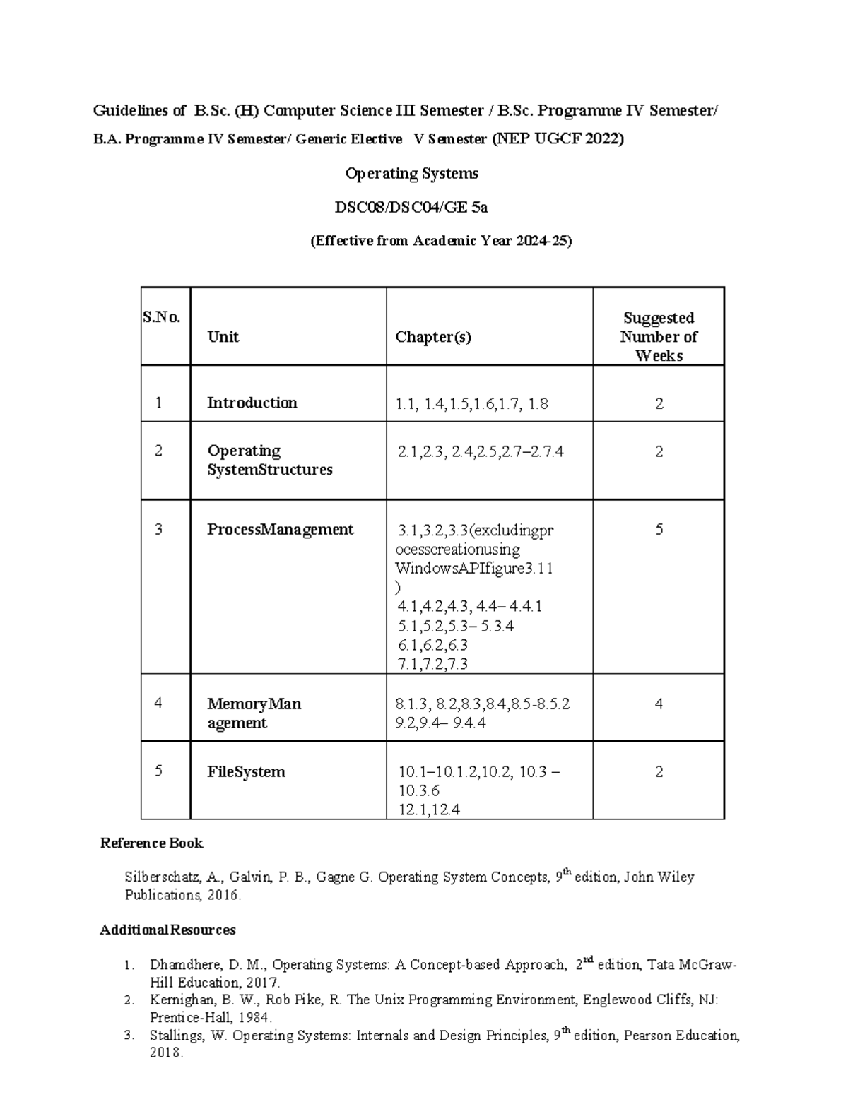 Operating Systems Syllabus for B.Sc. (H) Computer Science Semester 3 ...