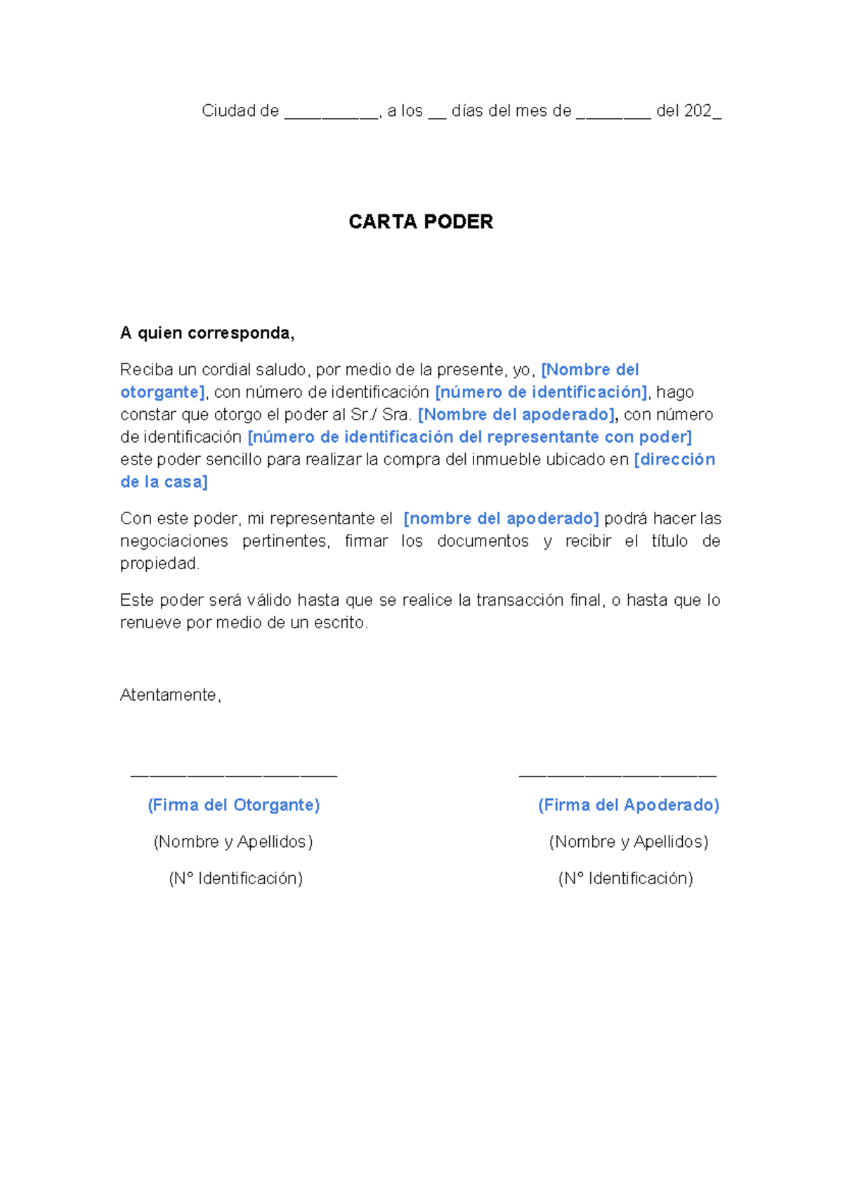 Carta de Poder para Compra de Inmueble - Studocu