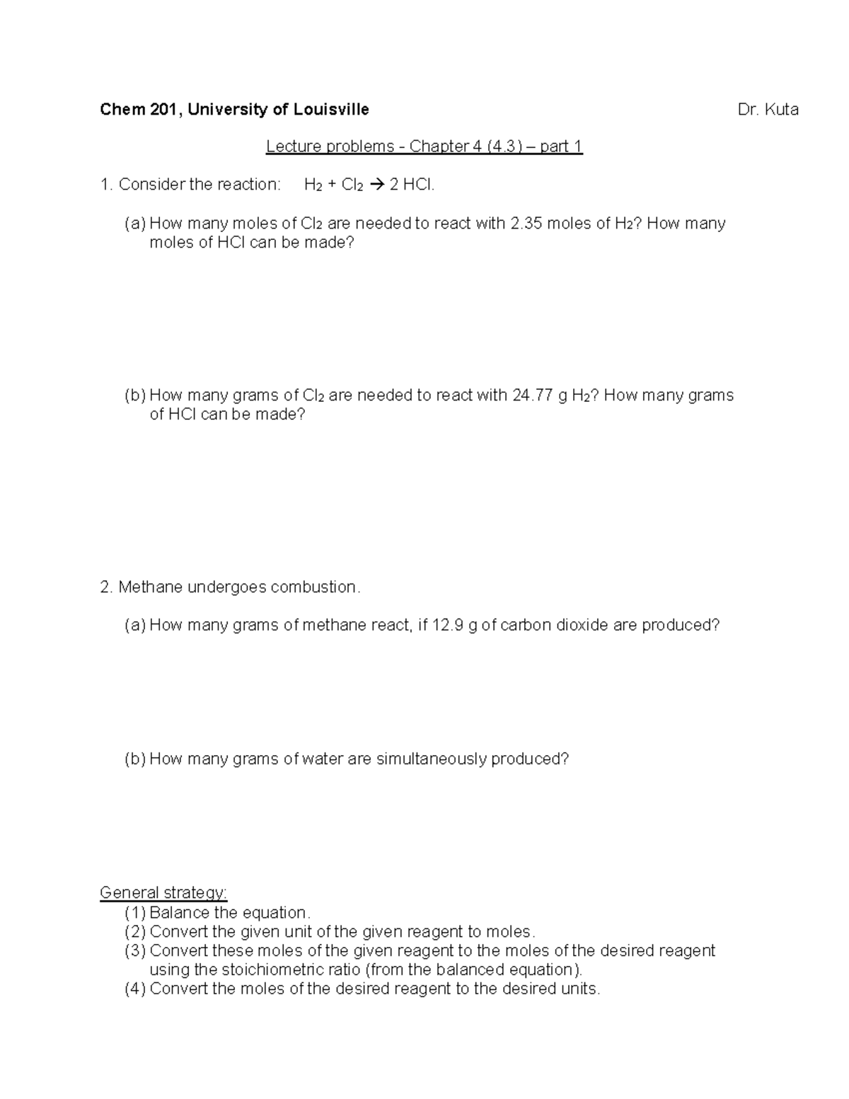 Chem 201: Lecture Problems on Stoichiometry - Chapter 4 (4.3) - Studocu