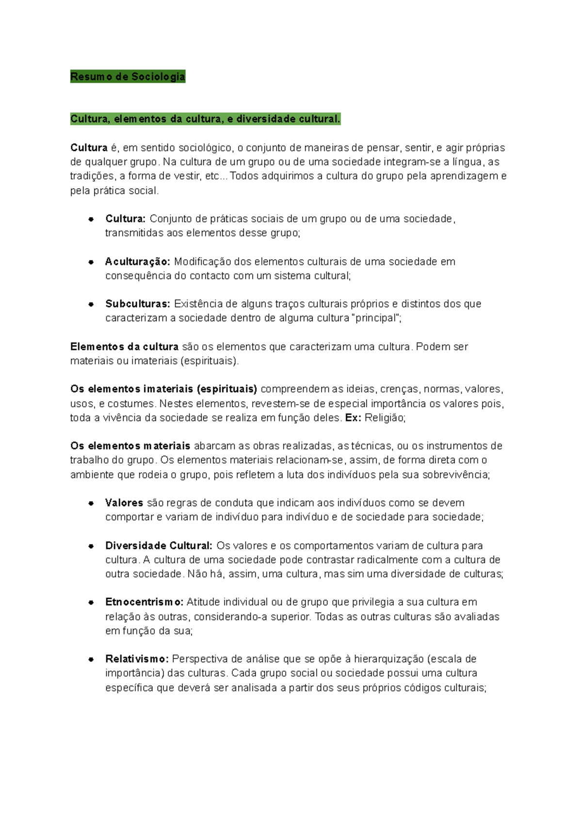 Resumo de Sociologia 12: Cultura, Diversidade e Mudança Social - Studocu