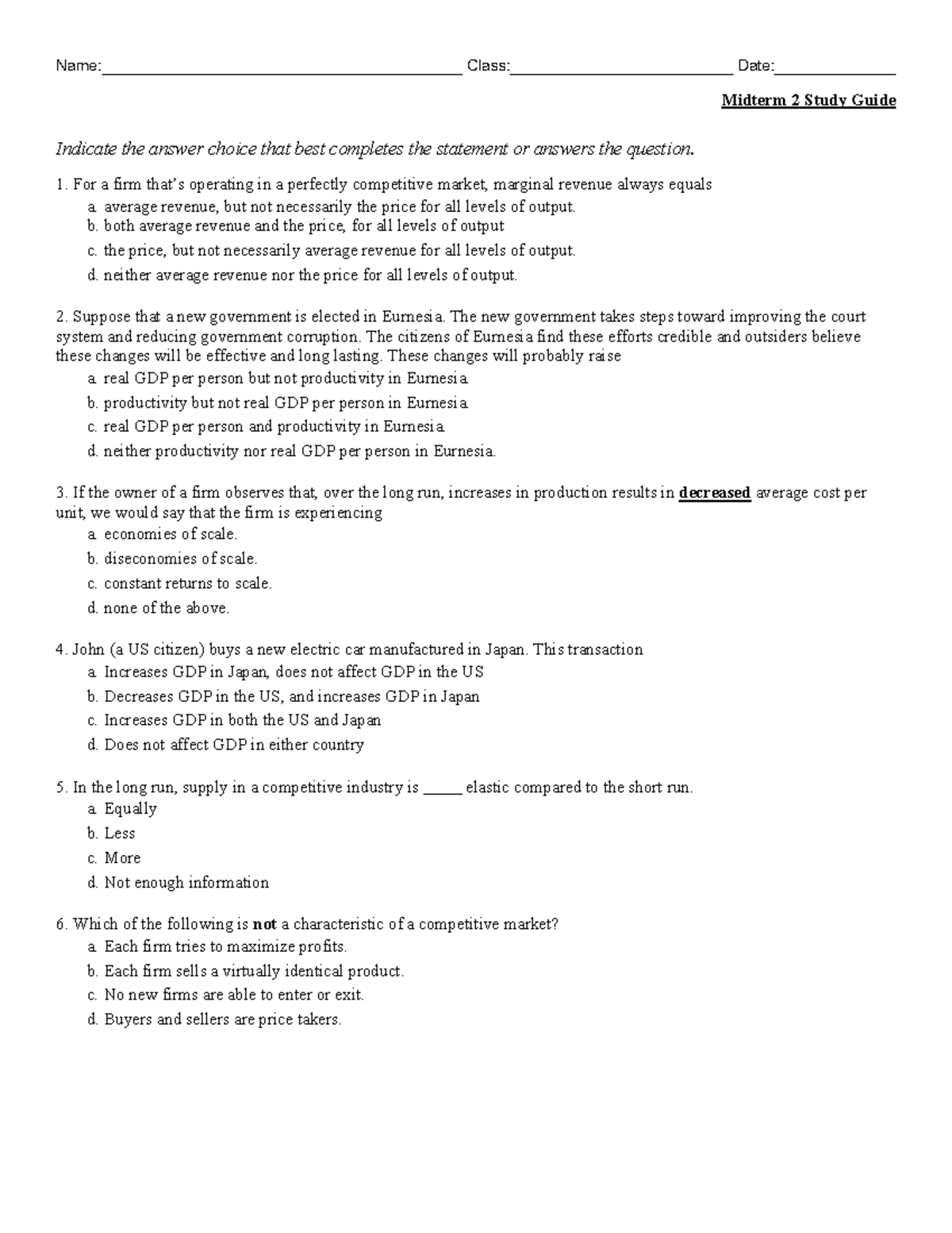Fall 2025 ECN 351 Midterm 2 Study Guide: Key Concepts and Questions ...