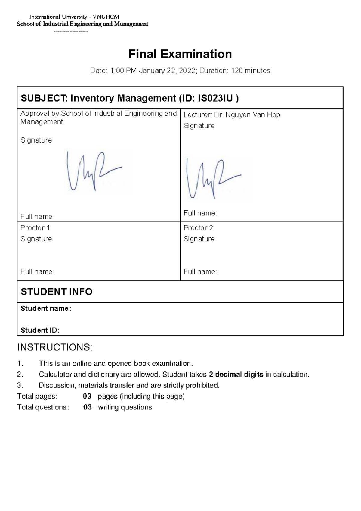 Final Exam: Inventory Management (IS023IU) - VNUHCM - Studocu