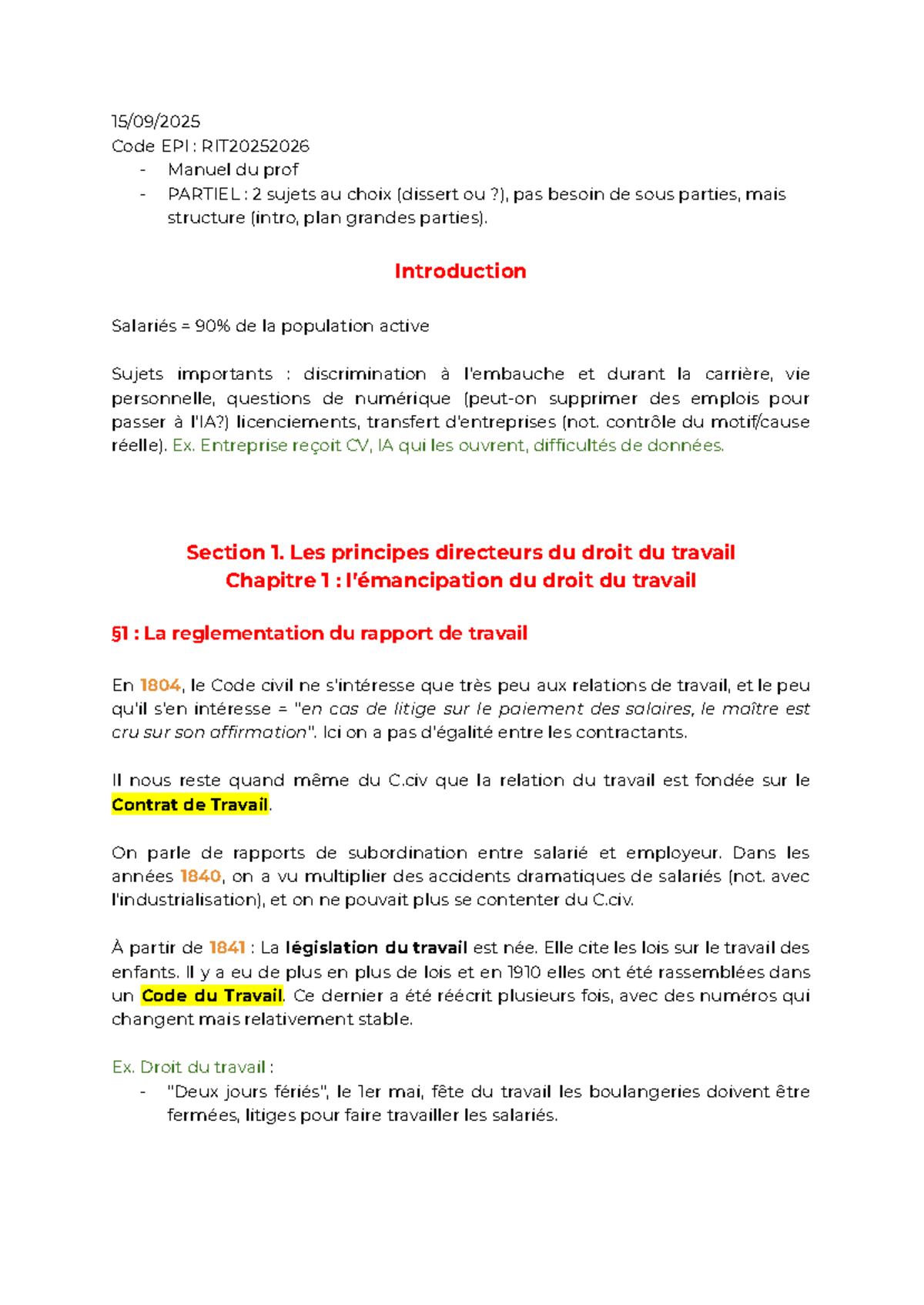 Code EPI : RIT20252026 Manuel du Prof - Partiel sur le Droit du Travail ...