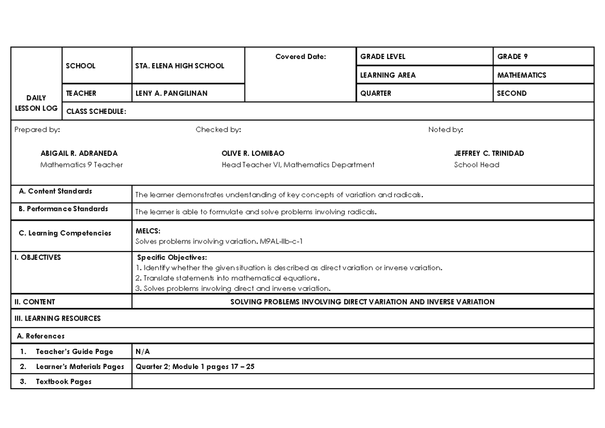 CO1 Variation - THIS LESSON PLAN WAS FOR CLASSROOM OBSERVATION - DAILY ...