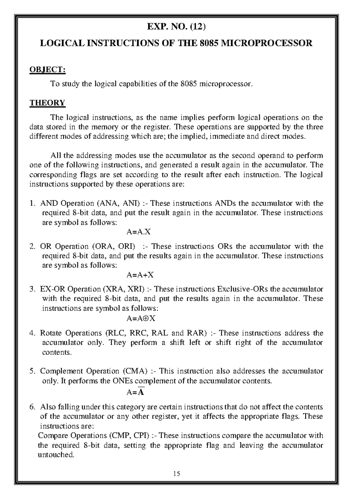 Logical Instructions and Operations of 8085 Microprocessor (EXP. NO. 12 ...