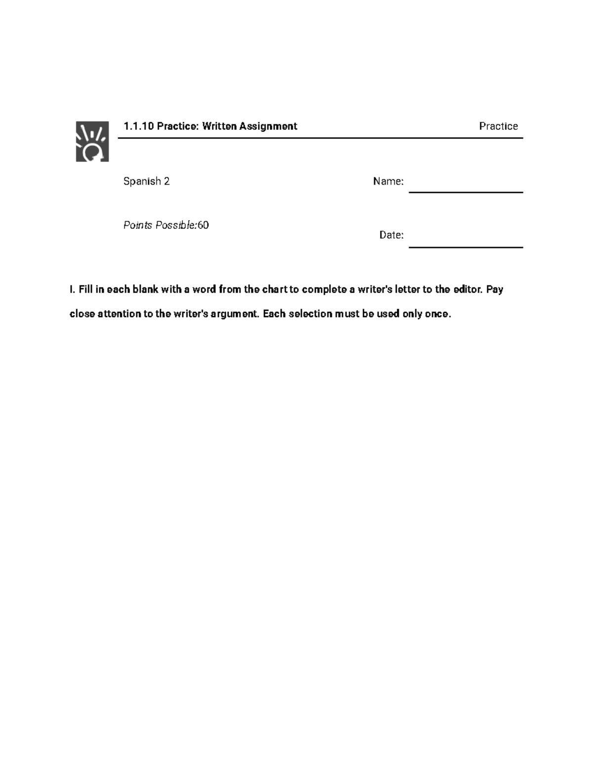 Spanish 2: 1.1 Practice Written Assignment Exercise - Studocu