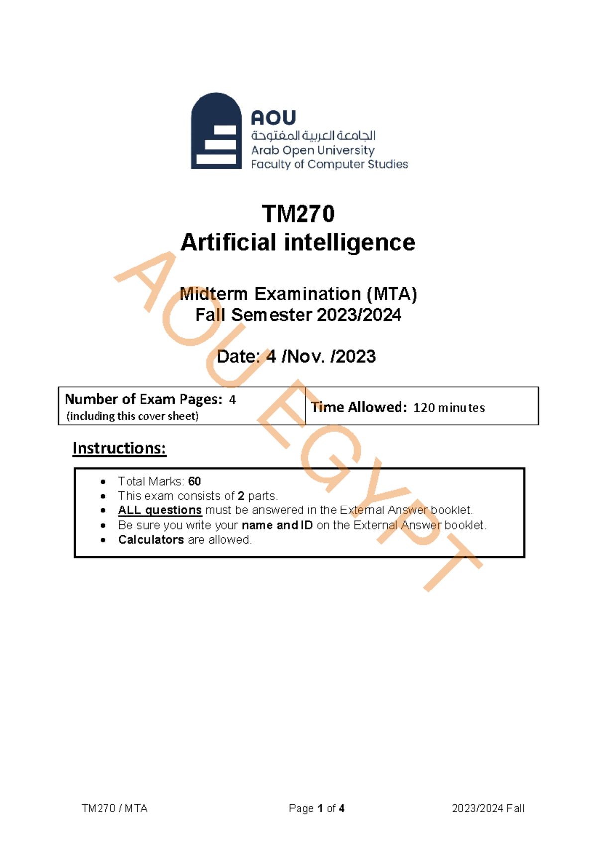 AI MTA Midterm Exam - Fall Sem 2023: Key Questions & Strategies - Studocu