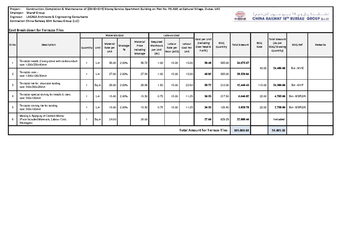Cost Breakdown of Terrazzo Tiles for Construction Project (2B+1G+G+9 ...