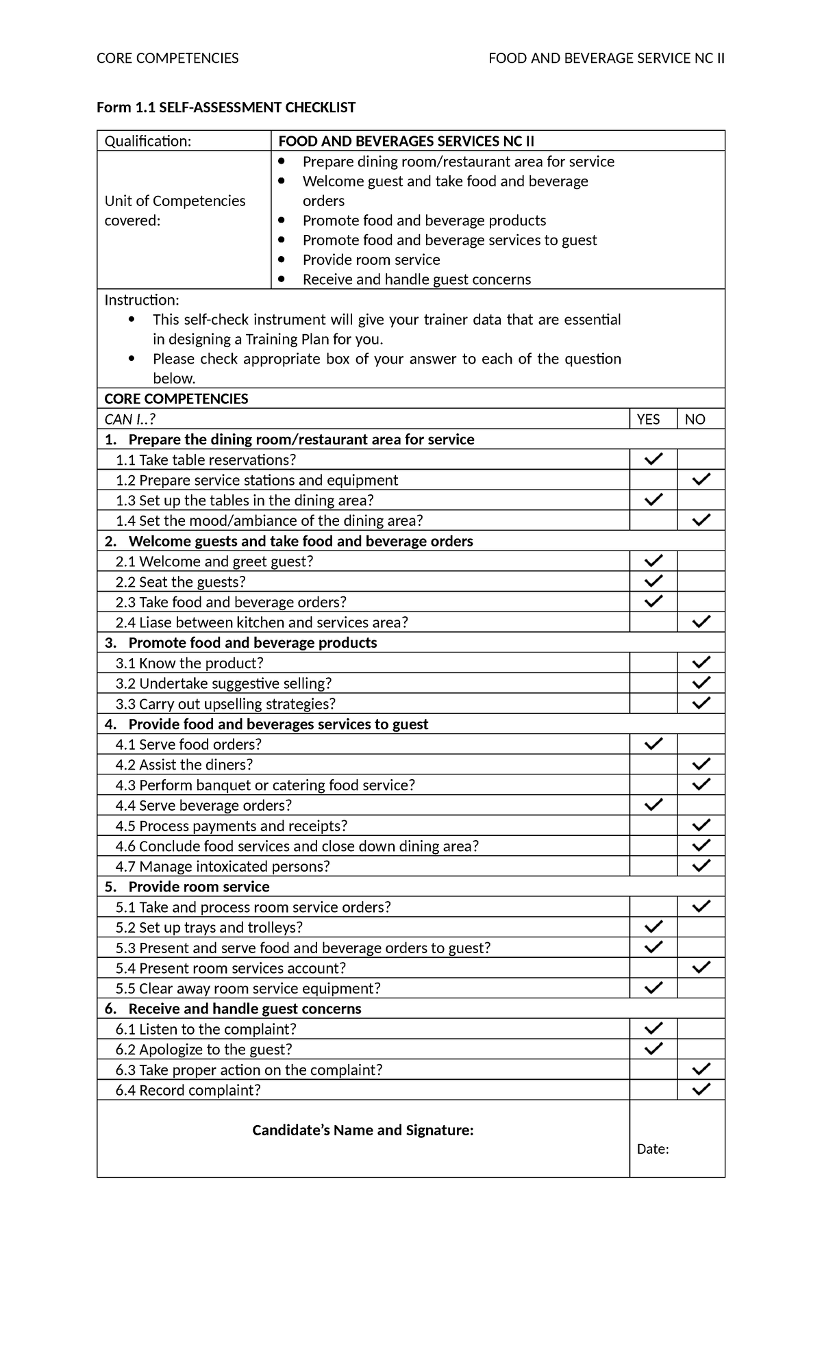 TNA FOOD AND BEVERAGE SERVICE NC II: Core Competencies Checklist - Studocu